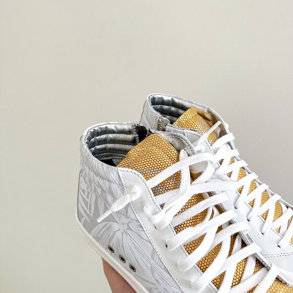 P448 Palm High Top Lace Up Round Toe Sneakers White/Gold 37 - Picture 5 of 10